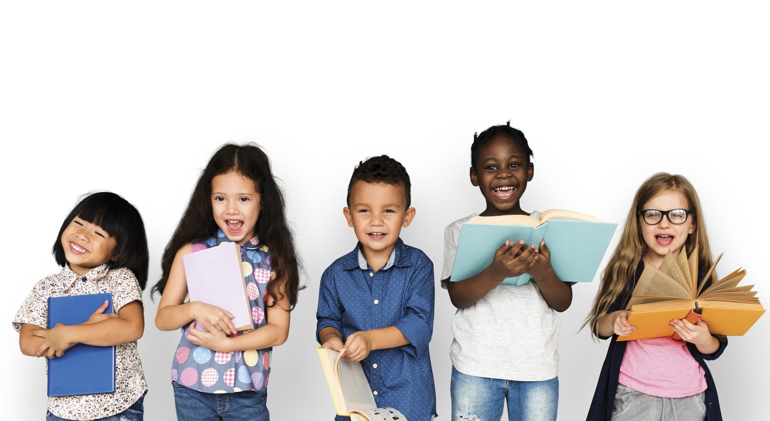 Group of Diverse Kids Reading Books Together Studio Portrait