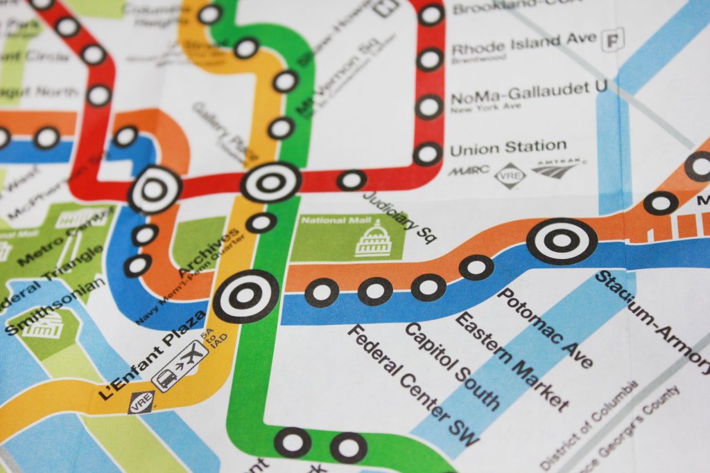 WASHINGTON DC, USA - JUNE 7: DC Metro Map. Part of the United States subway system on map, with colorful lines and downtown city stations.