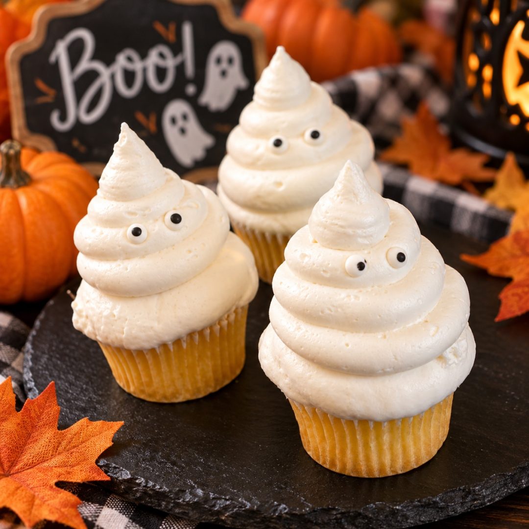 Three ghost cupcakes topped with tall swirls of white buttercream and tiny chocolate eyes.