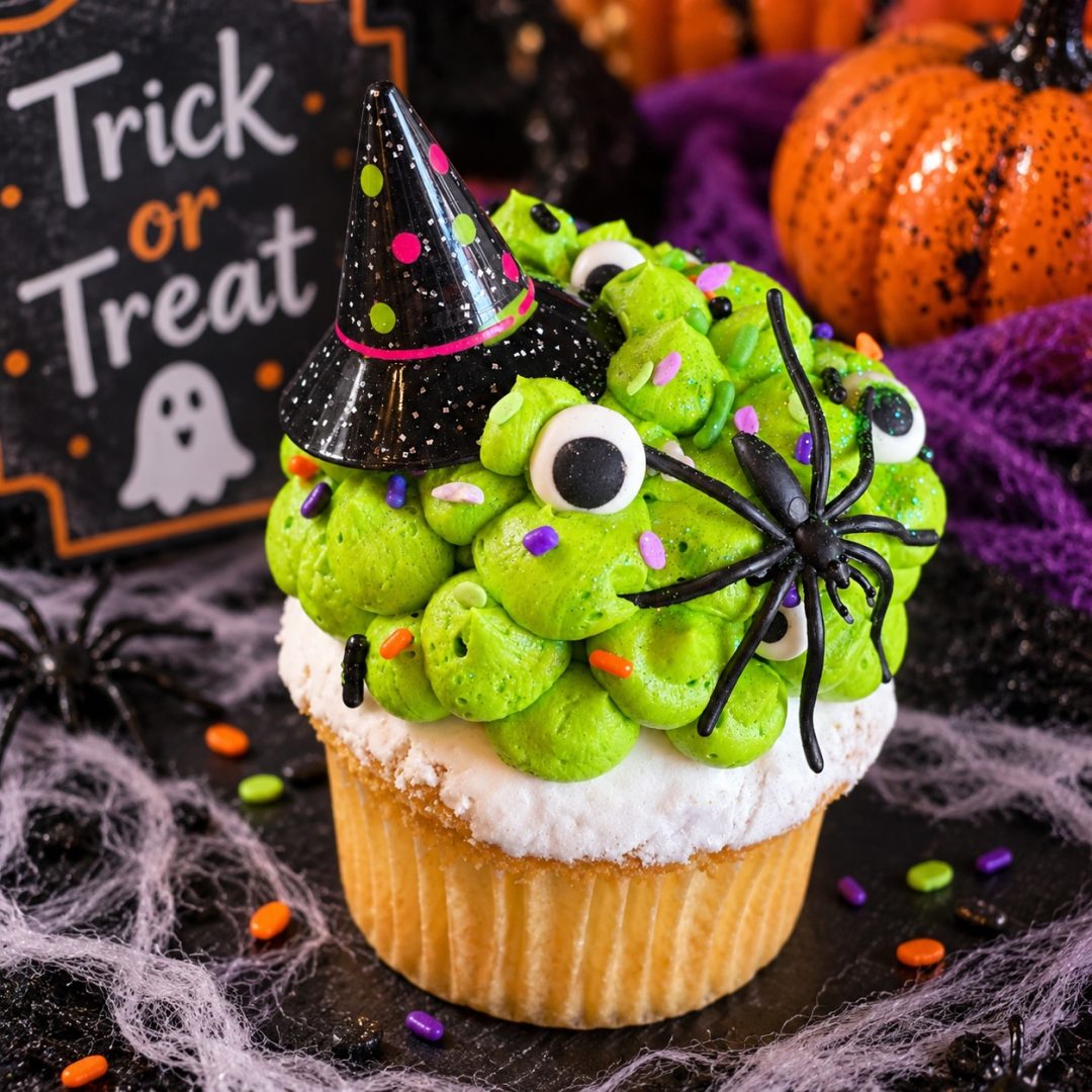 Halloween cupcake with bright green buttercream, candy eyeballs and sprinkles, topped with a witch hat and toy spider.