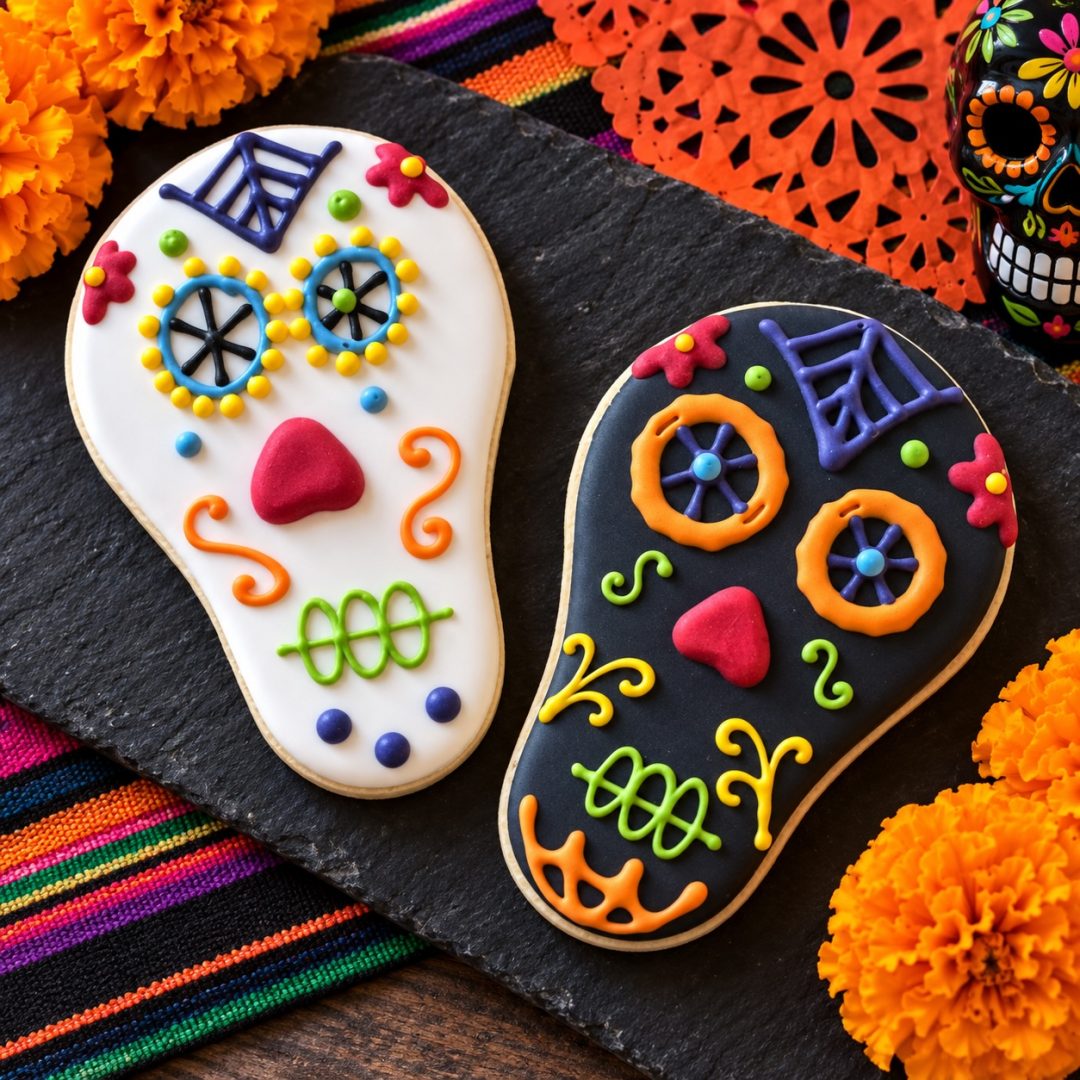 Two sugar skull cookies for Day of the Dead, one white and one black, decorated with colorful icing flowers, swirls and spiderwebs.