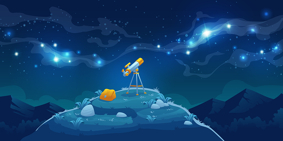 Totally space-tacular spots to stargaze in the DMV Telescope for science discovery, study astronomy, watching stars and planets in outer space. Vector cartoon landscape with telescope with tripod and backpack on hill, mountains and night starry sky