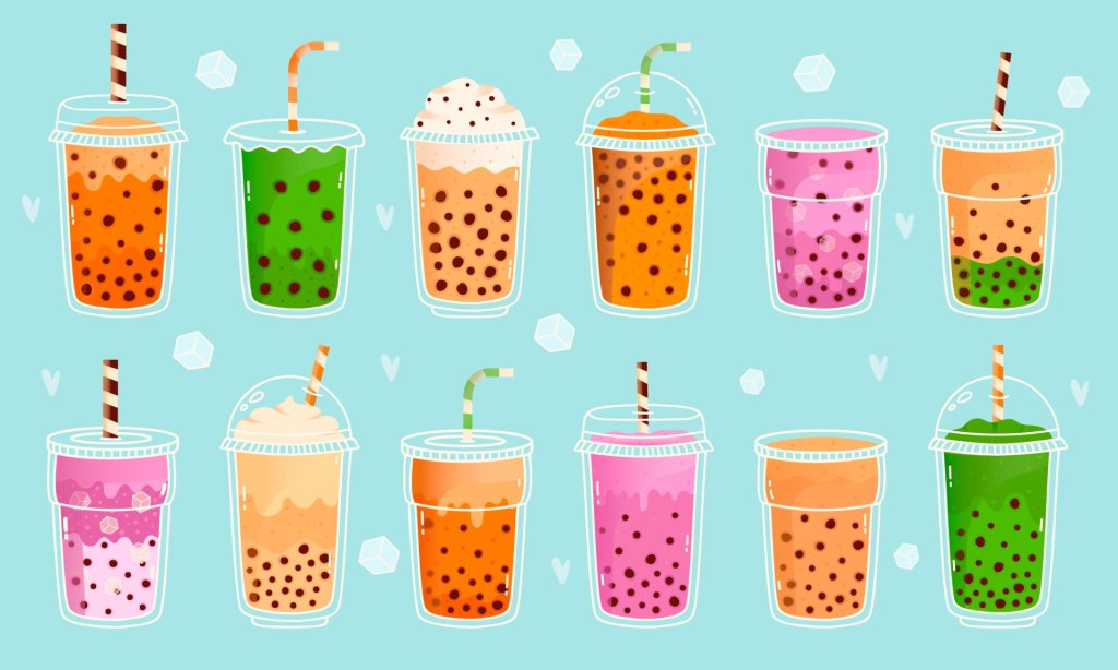 Bubble milk tea. Pearl milk tea, matcha milk, cocoa, fruit flavours and green tea, asian cute drinks. Boba milk tea with tapioca pearls vector illustration set. Plastic cups with dessert drink