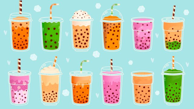 Bubble milk tea. Pearl milk tea, matcha milk, cocoa, fruit flavours and green tea, asian cute drinks. Boba milk tea with tapioca pearls vector illustration set. Plastic cups with dessert drink