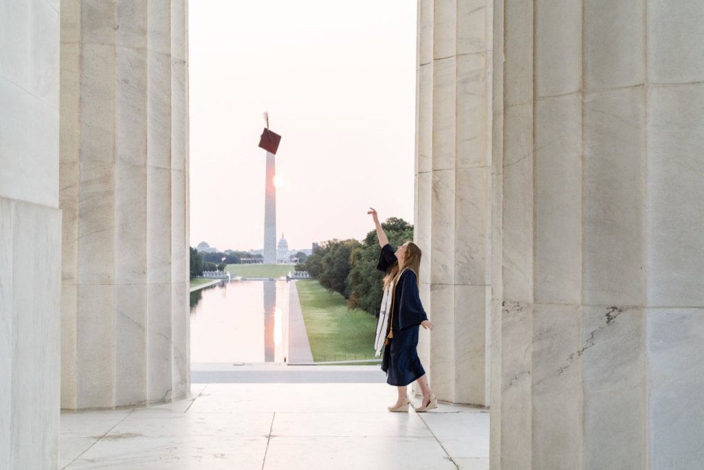 Imagery by Erin specializes in light-filled, natural graduation portraits across Washington, DC, Northern Virginia and Maryland. Sessions are typically around 45 minutes and include a style guide, a gallery of images to choose from and the option to shoot at iconic DC locations like the Jefferson Memorial or on your grad’s school campus.