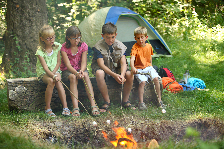 Kids roasting marshmallows at campsite