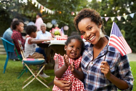 Family celebrating outdoors at a Fourth of July party, one way DC area families mark the holiday in July