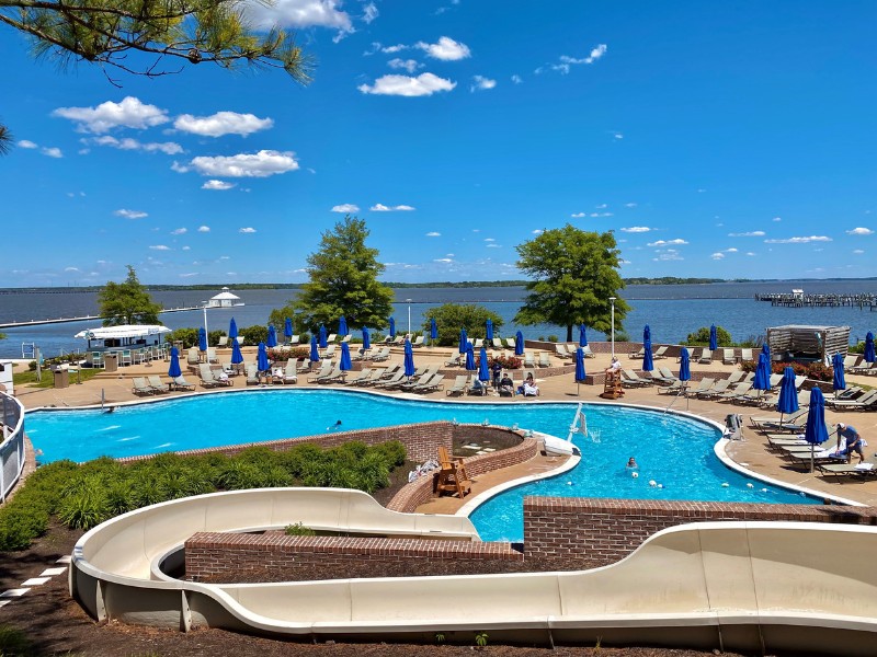 The waterfront outdoor pool and waterslide at Hyatt Regency Chesapeake Bay in Cambridge, Maryland