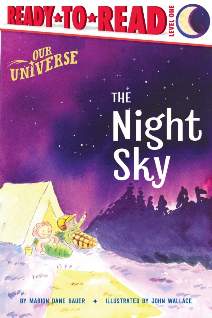 Cover of The Night Sky by Marion Dane Bauer, an early reader showing two kids stargazing from a tent under a purple night sky