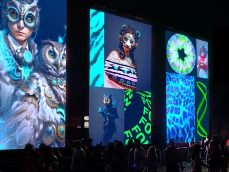 Crowd at night watches SUBMERGE Project digital art by ARTECHOUSE, including an owl beside a figure in goggles and neon patterns