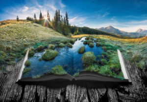 national parks books in a light of sunrise on the pages of an open magical book to celebrate National Public Lands Day
