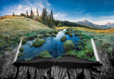 national parks books in a light of sunrise on the pages of an open magical book to celebrate National Public Lands Day