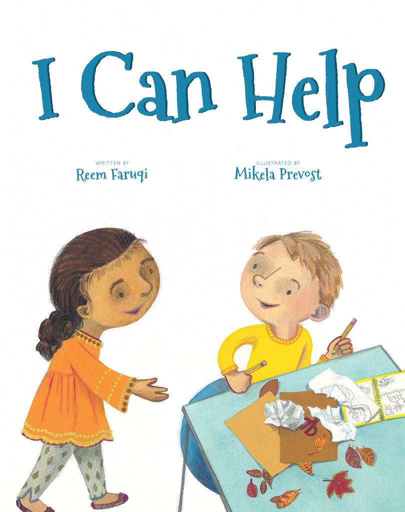 Cover of "I Can Help" by Reem Faruqi, showing a girl reaching out to help a boy at a classroom table