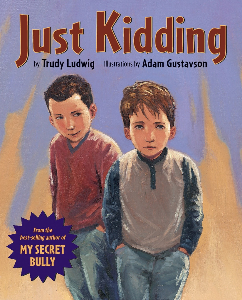 Cover of "Just Kidding" by Trudy Ludwig, showing a sad boy in front and a smirking boy behind him
