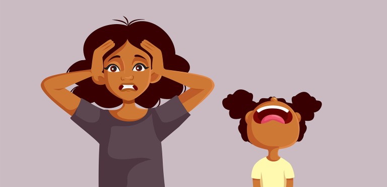 How to survive the toddler “no” phase, according to a pediatrician Illustration of a frustrated mother holding her head as her toddler daughter screams, a common scene in the toddler “no” phase